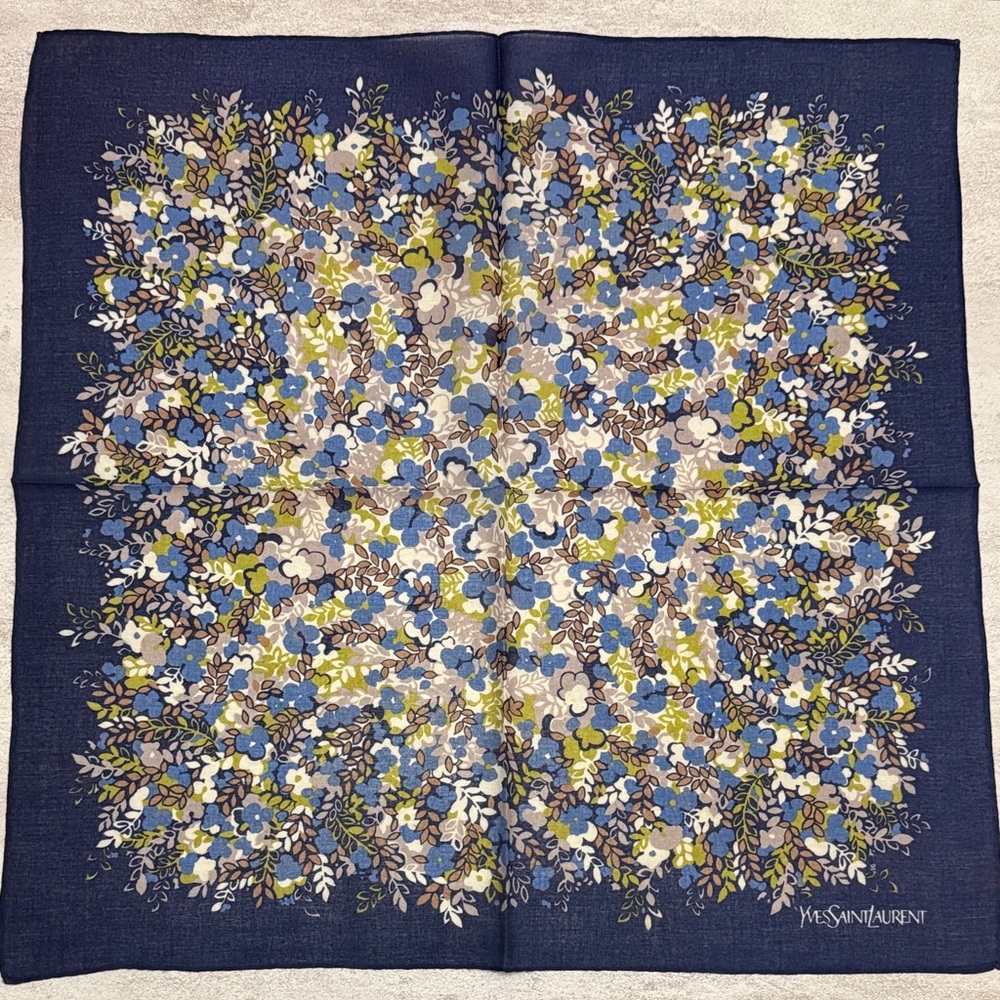 Yves Saint Laurent Navy Floral Square Vintage Scarf with Blue and Green Bouquet